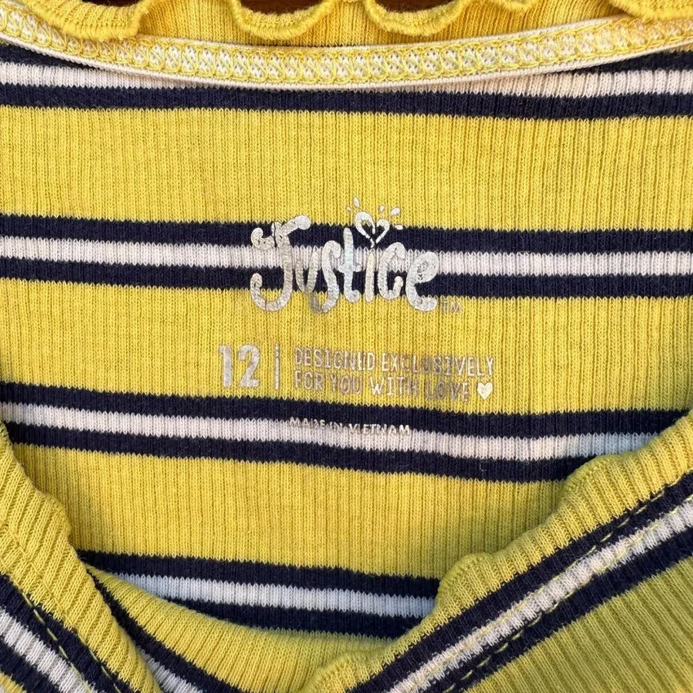 Justice Girls Yellow & Navy Striped Ribbed Top Lettuce Trim Short Sleeve Size 12